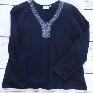 Chico's Size 3 Black Beaded Neckline Long Sleeve Top